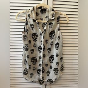 Fun & Flirt Skull Sheer Black & White Sleeveless Blouse - Size Small